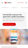 How techinasia.com looks like on a mobile device such as an iPhone.