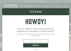 How tecovas.com looks like on a tablet such as an iPad.