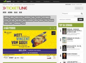 How ticketline.pt looks like on a tablet such as an iPad.