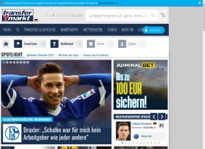 How transfermarkt.de looks like on a tablet such as an iPad.