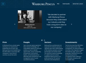 How warburgpincus.com looks like on a tablet such as an iPad.